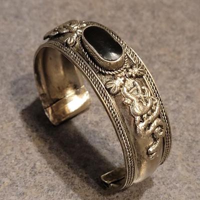 Unmarked Sterling Onyx Cuff and Pendant
