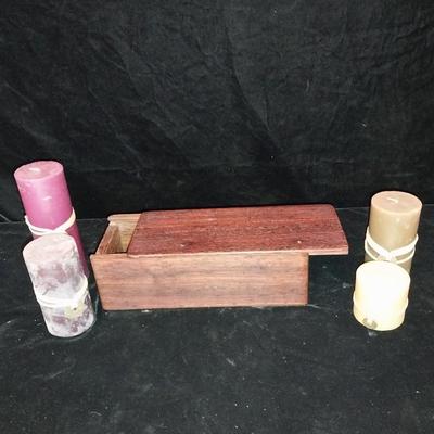 WOODEN BOX W/SLIDING LID AND CANDLES