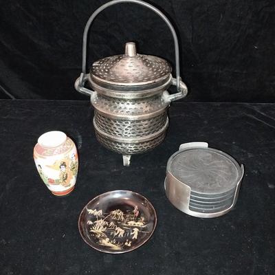 CAST IRON FIRE STARTER, LACQUERED PLATE, SMALL ASIAN VASE AND COASTERS