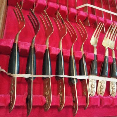 HUGE SIAM THAI BRASS AND BLACK TEAKWOOD FLATWARE IN A CHEST