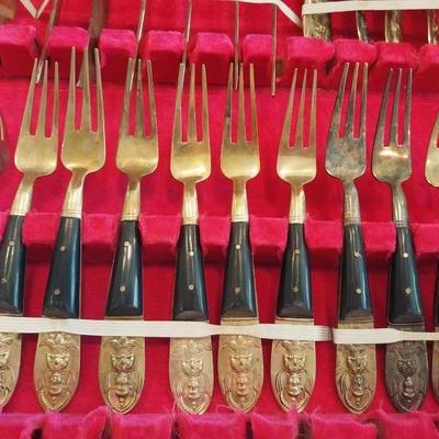 HUGE SIAM THAI BRASS AND BLACK TEAKWOOD FLATWARE IN A CHEST