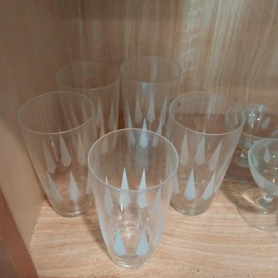 STEMMED WINE GLASSES AND WHITE ETCHED GLASSES