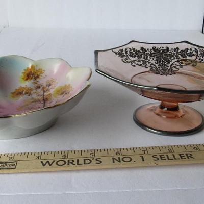 Lot 255:  Vintage Japan HP Bowl and Depression Era Pink Compote With Silver Deposit