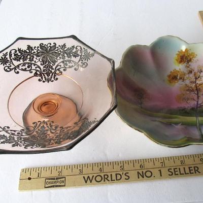 Lot 255:  Vintage Japan HP Bowl and Depression Era Pink Compote With Silver Deposit