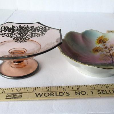 Lot 255:  Vintage Japan HP Bowl and Depression Era Pink Compote With Silver Deposit