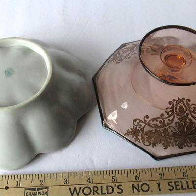 Lot 255:  Vintage Japan HP Bowl and Depression Era Pink Compote With Silver Deposit