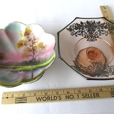 Lot 255:  Vintage Japan HP Bowl and Depression Era Pink Compote With Silver Deposit