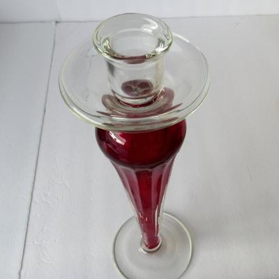 Lot 256:  Tall Clear and Red Candlestick, Heavy Glass, Nice Christmas Item!