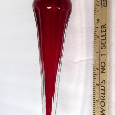 Lot 256:  Tall Clear and Red Candlestick, Heavy Glass, Nice Christmas Item!