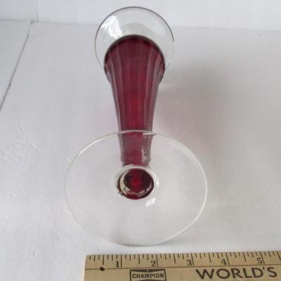 Lot 256:  Tall Clear and Red Candlestick, Heavy Glass, Nice Christmas Item!