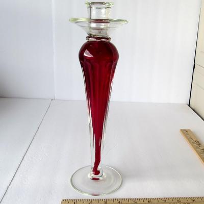 Lot 256:  Tall Clear and Red Candlestick, Heavy Glass, Nice Christmas Item!