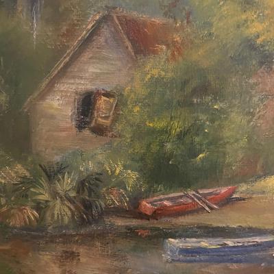 Original  signed canvas artwork. CABIN  ON THE WATER by local artist Lydia Diemont.  Oil on canvas. Framed. & matted. 36â€ x 30â€