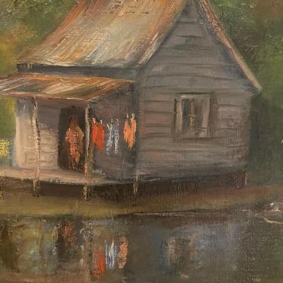 Original  signed canvas artwork. CABIN  ON THE WATER by local artist Lydia Diemont.  Oil on canvas. Framed. & matted. 36â€ x 30â€