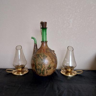 ITALIAN LEATHER SMITH WORLD DECANTER WIRH ICE CHAMBER AND 2 BRASS BASE CANDLE HOLDERS