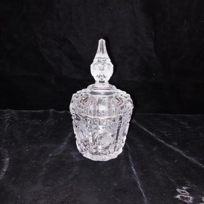 CRYSTAL DECANTER, CANDY DISH AND 2 SMALLER BOWLS