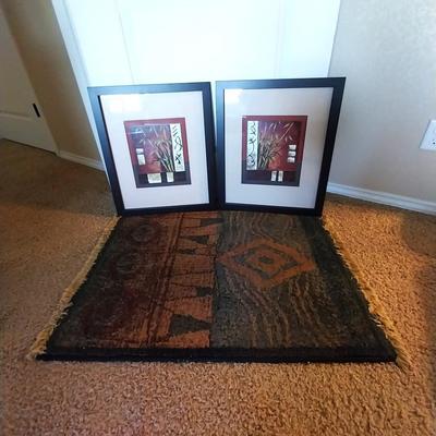 TWO FRAMED PIECES OF ARTWORK AND THROW RUG