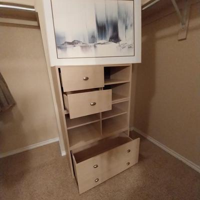 CLOSET ORGANIZER WITH DRAWERS AND SHELVES, FRAMED ABSTRACT PICTURE