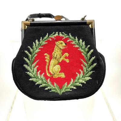 432 Vintage Needlepoint Lioness Purse with Goldtone Hardware and Leather Strap