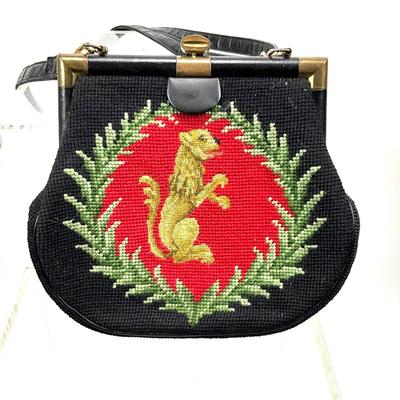 432 Vintage Needlepoint Lioness Purse with Goldtone Hardware and Leather Strap