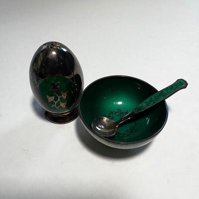 Denmark Danish Sterling Silver & Enamel (Green) Salt& Pepper Shakers, V. B M&N