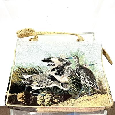 438 Crewel Stitch Bird Waterfowl Purse with Leather Giani Bernini Tan Leather Handbag