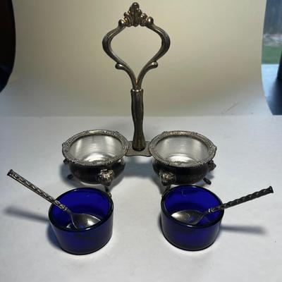 Silver Plated with Cobalt Blue Dish Two Spoons