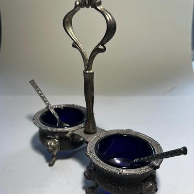Silver Plated with Cobalt Blue Dish Two Spoons