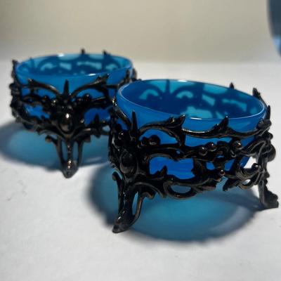 Pair Silverplated Holder with Electric Blue Dish