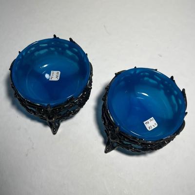 Pair Silverplated Holder with Electric Blue Dish