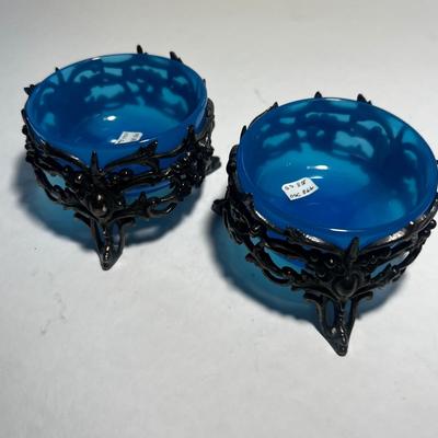 Pair Silverplated Holder with Electric Blue Dish