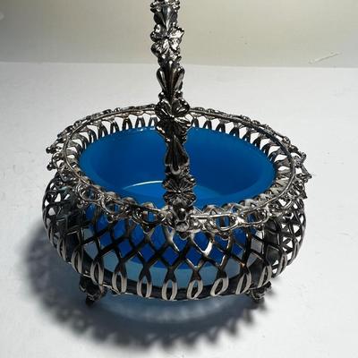 English Silver with Turquoise Glass Salt Basket