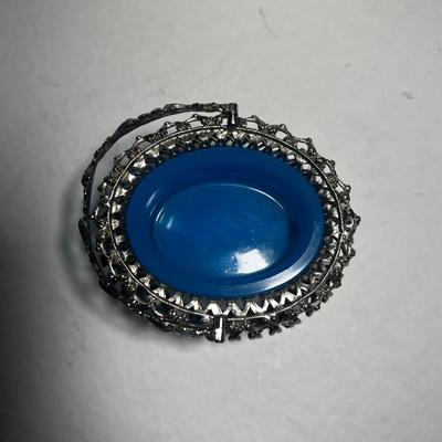 English Silver with Turquoise Glass Salt Basket