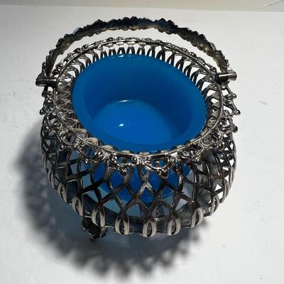 English Silver with Turquoise Glass Salt Basket