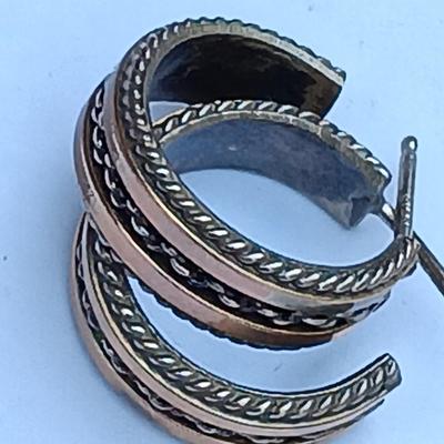 Remarkable vintage Navajo Sterling silver 12 KT. Gold filled hoop earrings Signed.