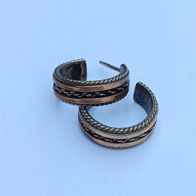 Remarkable vintage Navajo Sterling silver 12 KT. Gold filled hoop earrings Signed.