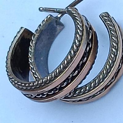 Remarkable vintage Navajo Sterling silver 12 KT. Gold filled hoop earrings Signed.