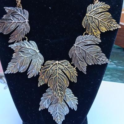 Giant CASTLECLIFF Signed LEAF BIB Antiqued Metal Collar Necklace & Earrings Set