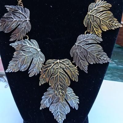 Giant CASTLECLIFF Signed LEAF BIB Antiqued Metal Collar Necklace & Earrings Set