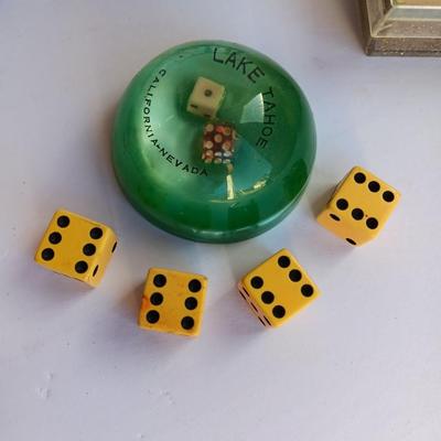 Vintage Lake Taho paper weight with dice, cards, and more