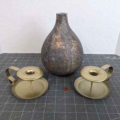 Brass Candle Holders (2) and Brass Vase