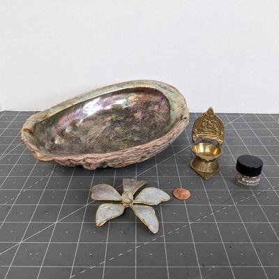 Abalone Shell, Vintage Brass Lamp, and Vintage Brooch