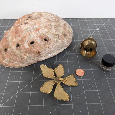 Abalone Shell, Vintage Brass Lamp, and Vintage Brooch