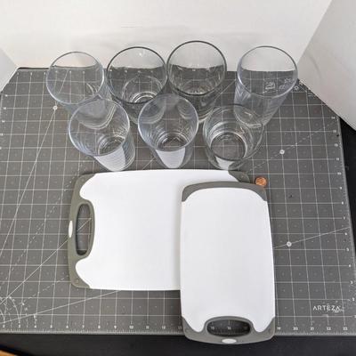 7 Glasses and 2 Cutting Boards