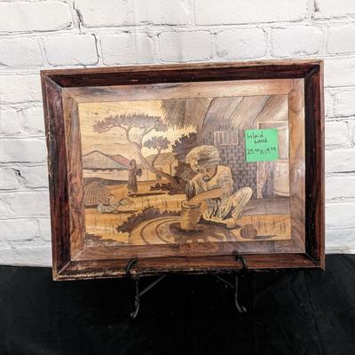 Antique Indian Village Scene Wood Wall Inlay