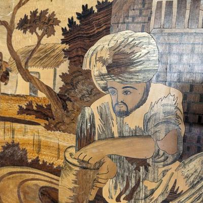 Antique Indian Village Scene Wood Wall Inlay