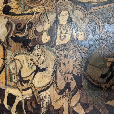 Antique Bhagawan Surya on his 7 Horses Wood Wall Inlay