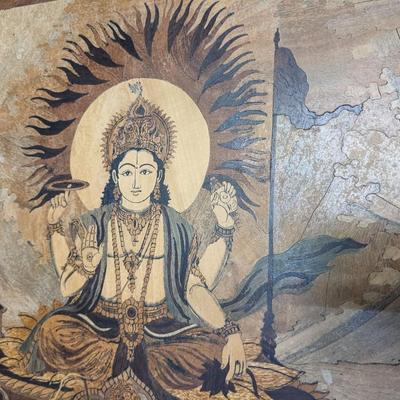 Antique Bhagawan Surya on his 7 Horses Wood Wall Inlay