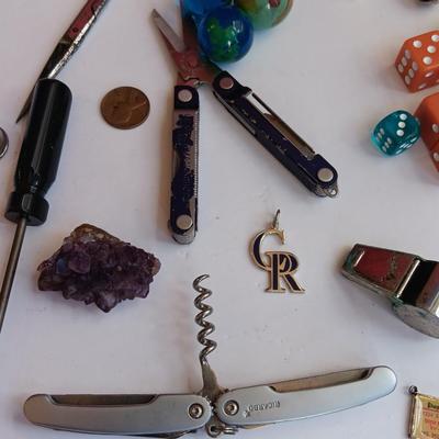 "Junk drawer" Lot - variety of nice little trinkets and treasures - marbles - knives -