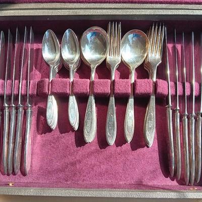Beautiful "M" engraved Community plate silverware set with serving utensils W.M. Rogers & Son AA 1910