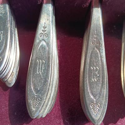 Beautiful "M" engraved Community plate silverware set with serving utensils W.M. Rogers & Son AA 1910